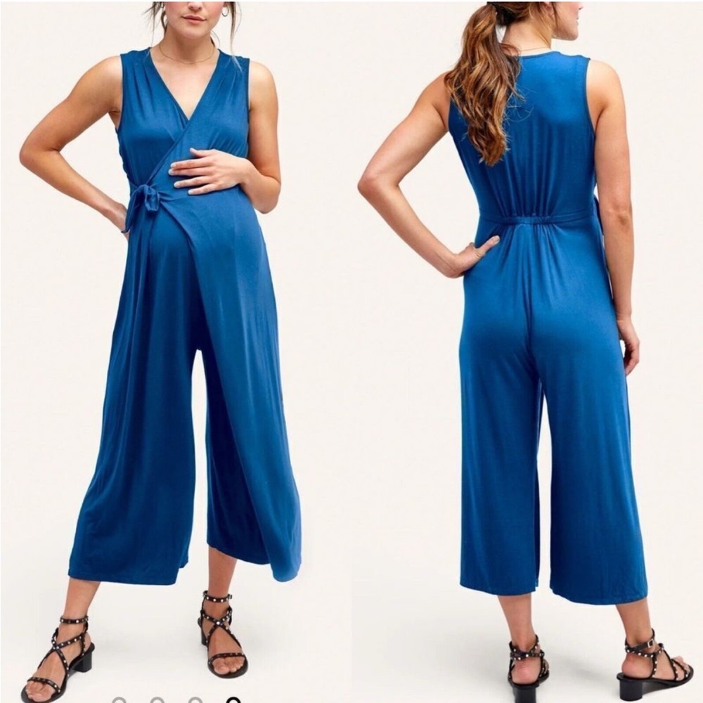 NOM Maternity Jumpsuit Womens Size Small Blue Sleeveless Wrap Wide Leg Francesca